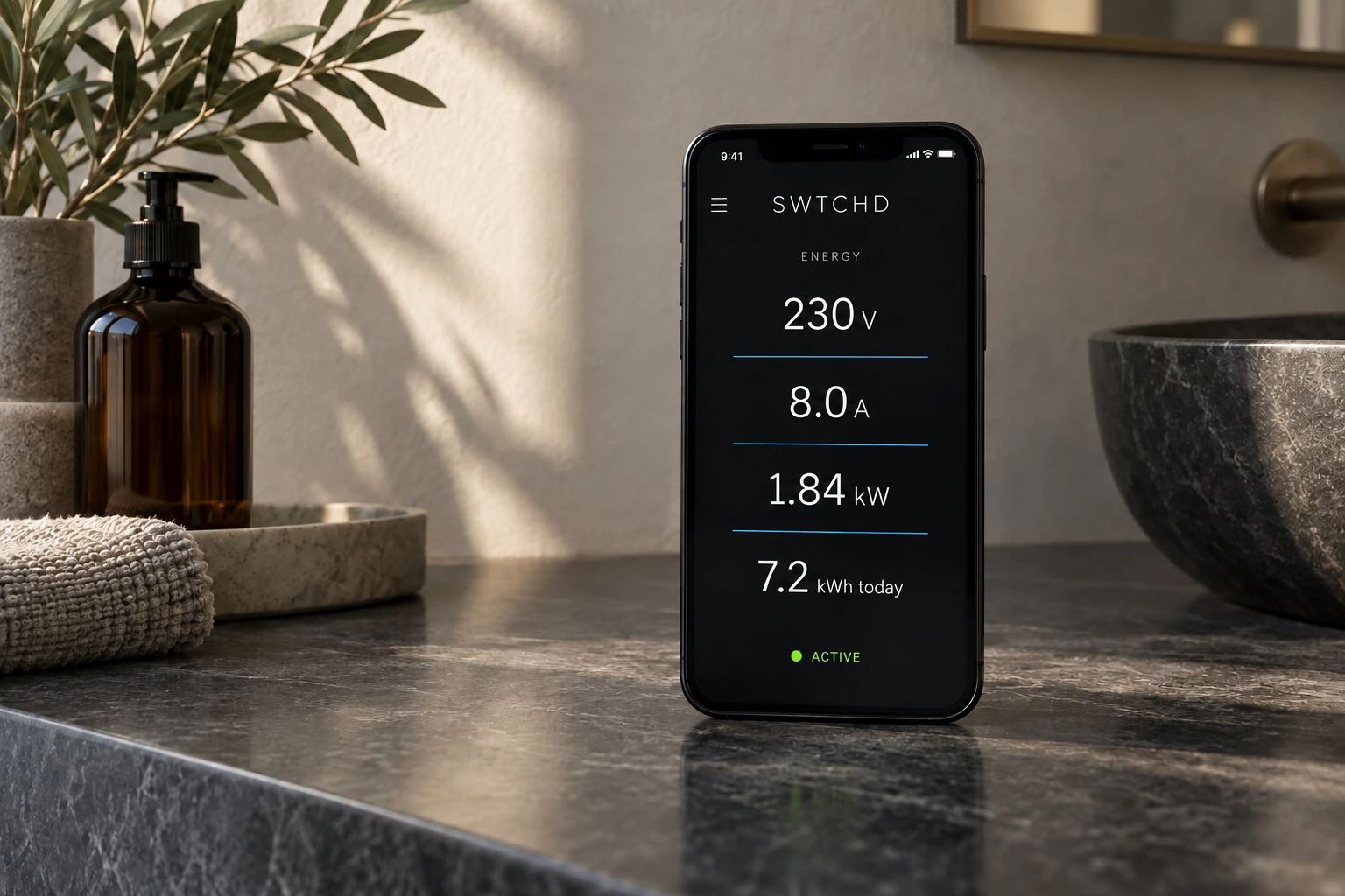 Phone showing 230 V, 8.0 A, 1.84 kW and 7.2 kWh today, with ACTIVE status