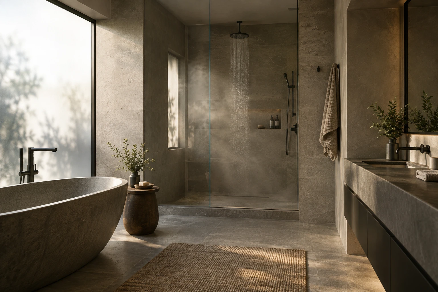Soft morning light in a modern stone bathroom with a warm shower ready to use